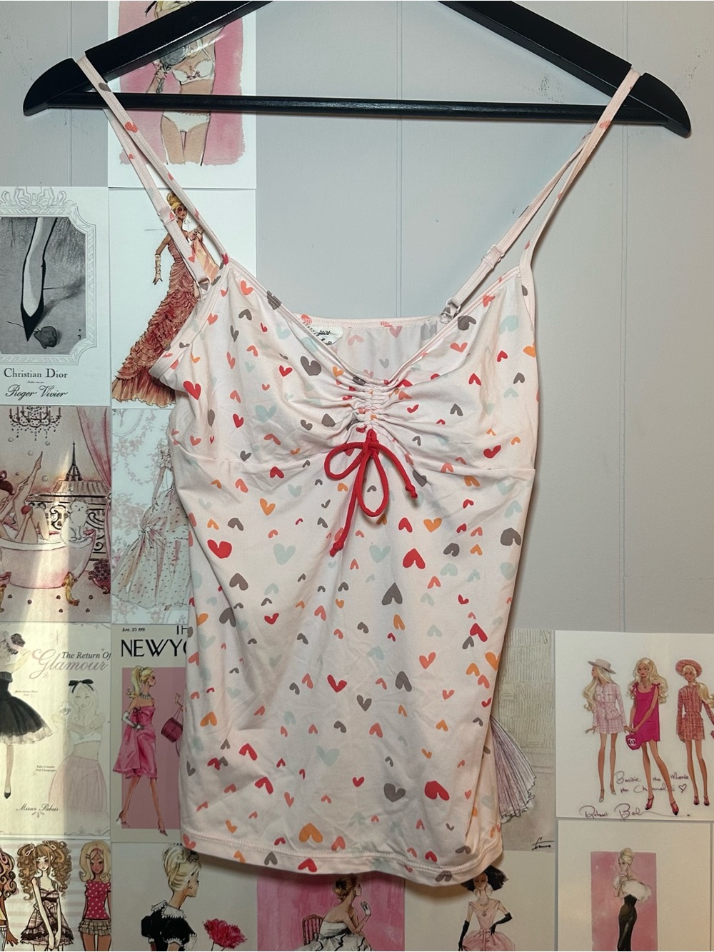 Vintage Calvin Klein White Heart-Print Cami Tank with Pink Tie